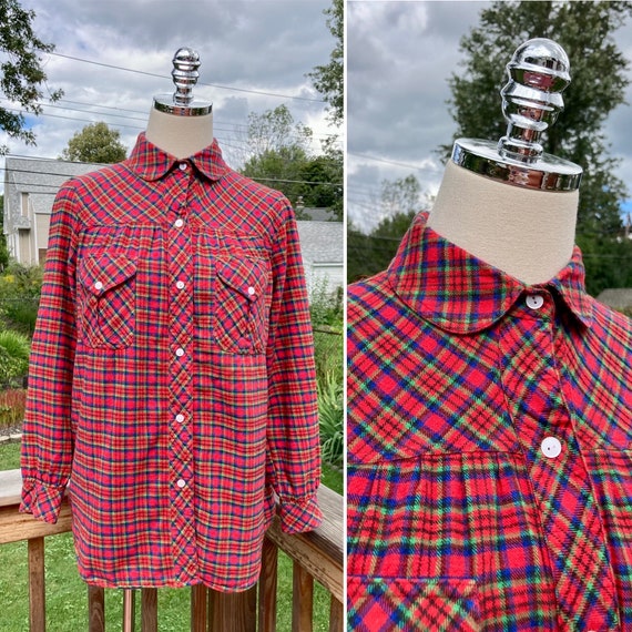 Vintage 80s Feminine Red Plaid Shirt with Peter Pa