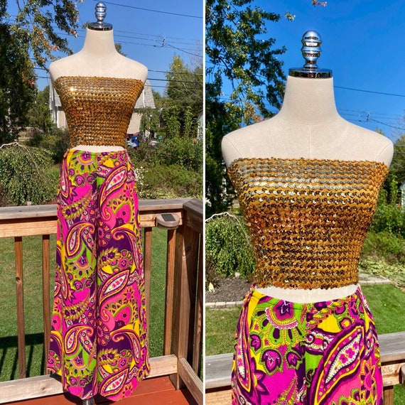 Vintage 60s Pink & Green Psychedelic Wide Leg Palazzo Pants / Vintage 60s  Psychedelic Wide Leg Flare Pants / Vintage 60s Flower Power Pants 