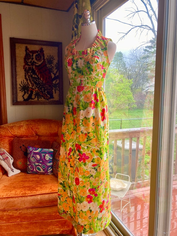 VINTAGE 60s 70s BLUE GREEN PINK PSYCHEDELIC FLORAL JULIET SLEEVE MAXI DRESS 8 10 main image 0