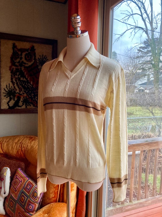 Vintage 70s/80s Men’s Cream & Brown Striped V-nec… - image 8