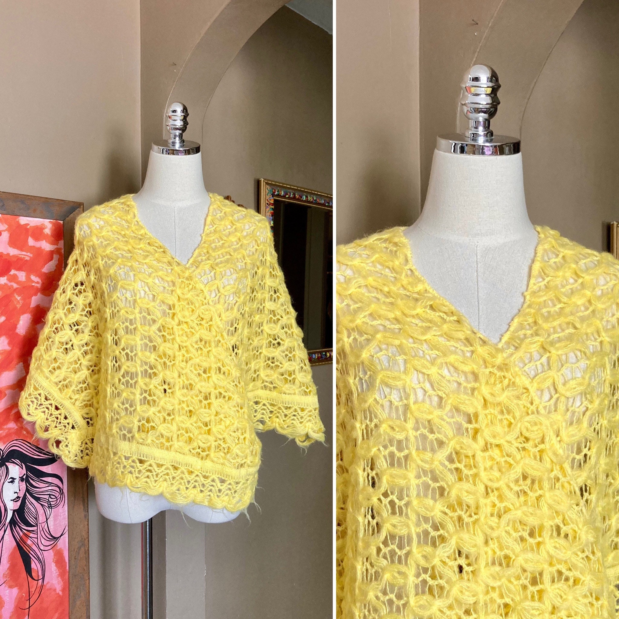 Poncho ouvert en tricot jaune vintage des années 60/70 / châle jaune vintage / châle jaune en tricot ample vintage