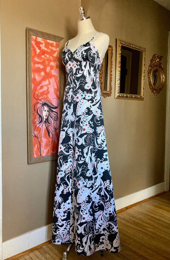 Vintage 70s Black Floral Psychedelic Maxi Dress /… - image 5