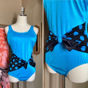 Vintage 80s Blue & Black Polkadot Marlyle Bathing Suit / 80s Polka Dot Bathing Suit /  Vintage Blue Polka Dot One Piece Swimsuit