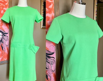 Vintage 60s Mod Bright Green Drop Waist Dress / Vintage 60s Mod Green Dress / Vintage Drop Waist Dress