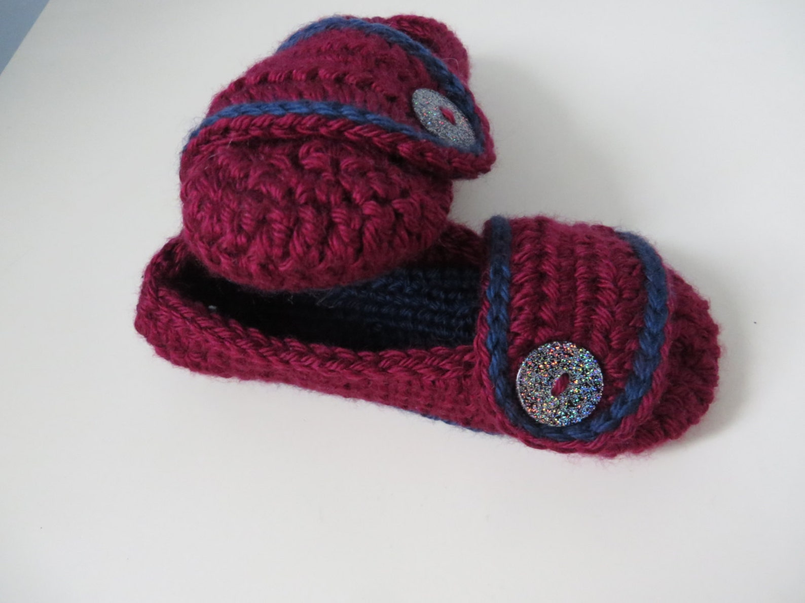 girls crocheted slip on slippers burgundy/navy colours 5.5 inch/14 cm sole ballet style soft slippers 2 years - 3 years preschoo girls crocheted slip on slippers burgundy/navy colours 5.5 inch/14 cm sole ballet style soft slippers 2 years - 3 years preschoo