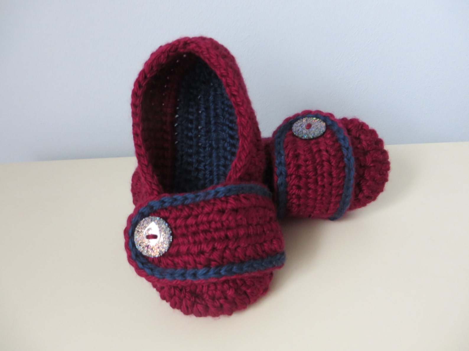 girls crocheted slip on slippers burgundy/navy colours 5.5 inch/14 cm sole ballet style soft slippers 2 years - 3 years preschoo girls crocheted slip on slippers burgundy/navy colours 5.5 inch/14 cm sole ballet style soft slippers 2 years - 3 years preschoo