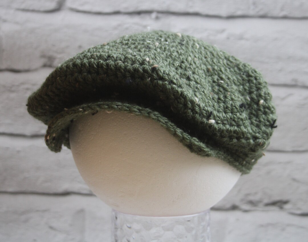 Crochet Newsboy Cap, Boys Scally Cap, Baby Newsboy Hat, Green Tweed
