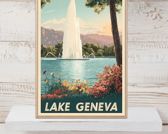 Lake Geneva Poster, Vintage Lake Geneva print, Switzerland Art Decor, World Travel Art,