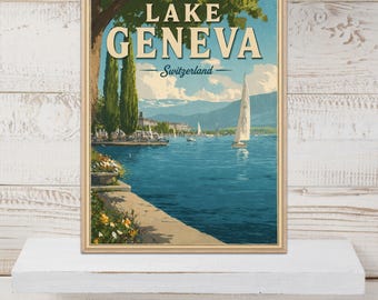 Lake Geneva Poster, Vintage Lake Geneva print, Switzerland Art Decor, World Travel Art,