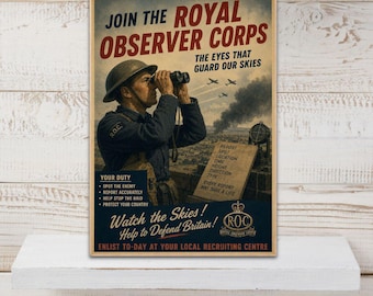 Vintage Royal Observer Corps Poster, WWII Military Wall Art, Royal Observer Corps Recruitment Print, Wartime Poster Print