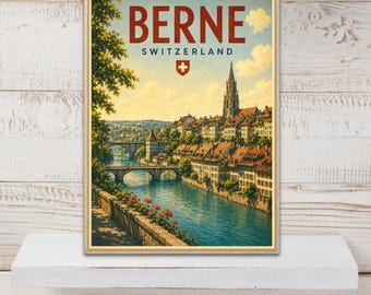 Poster di viaggio vintage di Berna, Svizzera, decorazione murale di Berna, stampa della città svizzera, arredamento da viaggio retrò