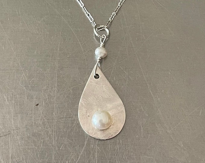 White Pearl on Sterling Silver Textured Drop Pendant On An Adjustable Crinkle Chain With Lobster Clasp