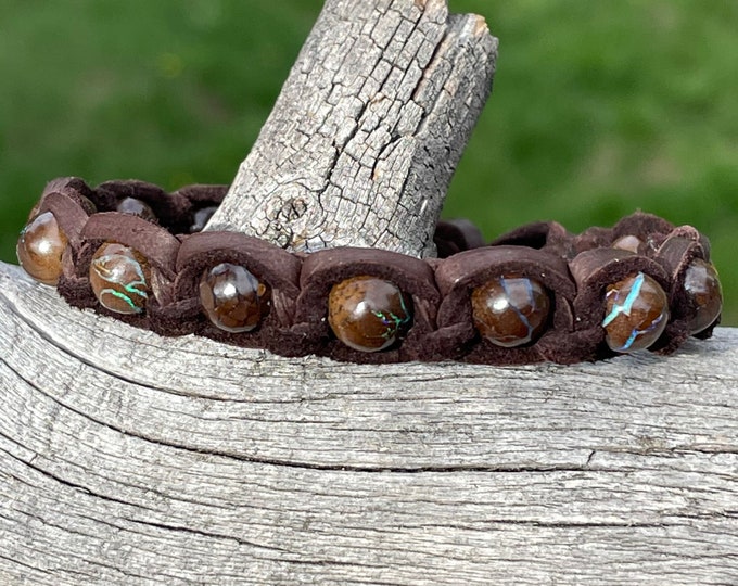 Australian Boulder Opal Chocolate Brown Deerskin Leather Adjustable Bracelet
