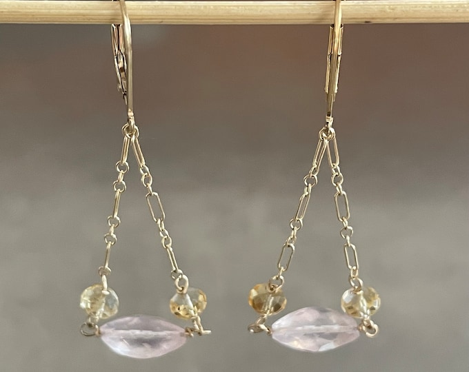 Rose Quartz Citrine Gold Dangle Earrings