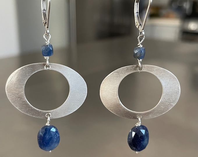 Sapphire Matte Finished Fine Silver Oval Dangle Earrings