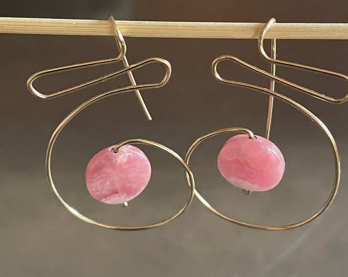 Rhodochrosite Gold Wirework Spiral Earrings