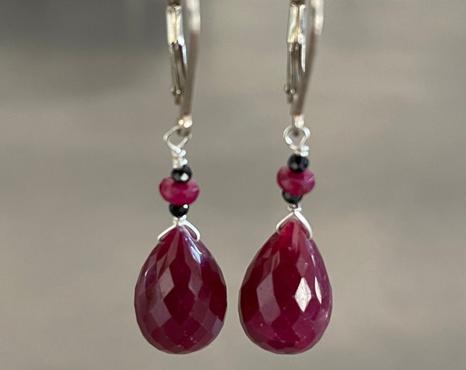 Ruby Teardrop Black Spinel Sterling Silver Earrings