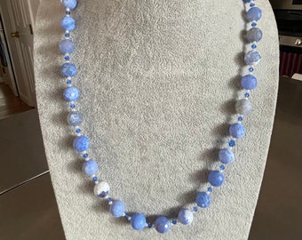Blue Fire Agate White Pearls Sapphire Swarovski Crystals Deerskin Leather Adjustable Necklace