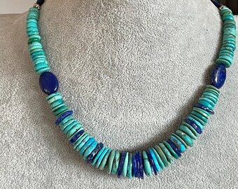 Graduated Turquoise Lapis Heshi and Lapis Ovals Sterling Silver Beads Deerskin Leather Adjustable Necklace