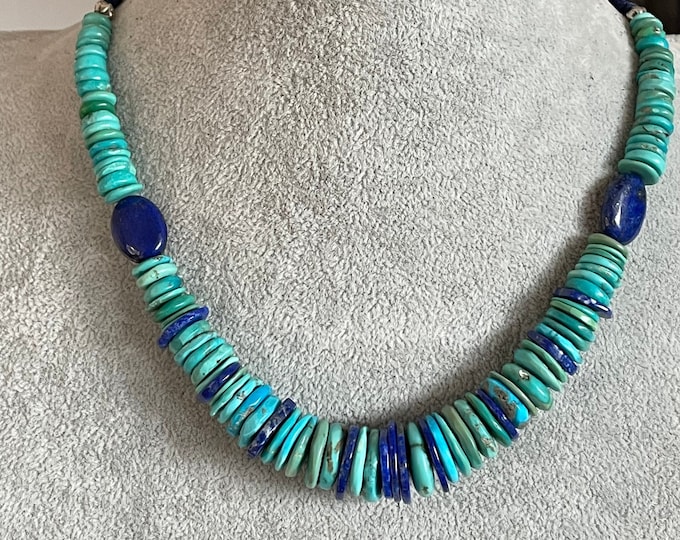 Graduated Turquoise Lapis Heshi and Lapis Ovals Sterling Silver Beads Deerskin Leather Adjustable Necklace