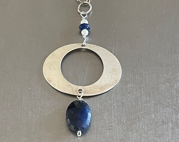 Sapphire Pearl Matte Finish Fine Silver Oval Pendant Necklace