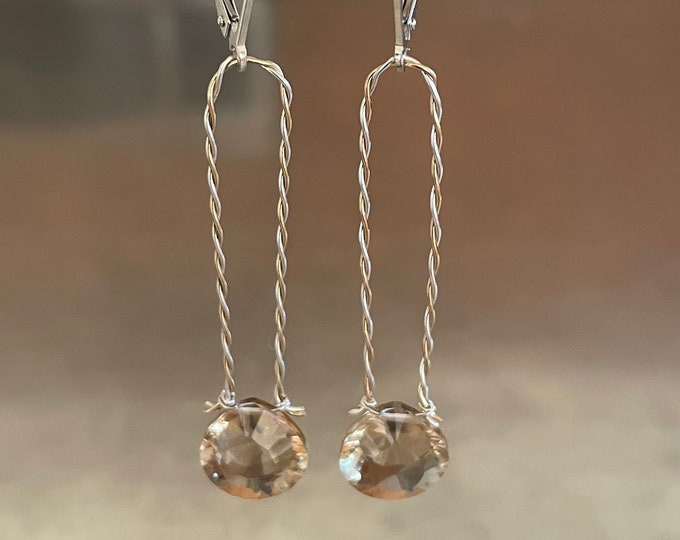 Champagne Citrine Silver Gold Twist Wire Dangle Earrings