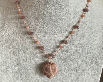 Peach and Chocolate Moonstone Heart Pendant Necklace