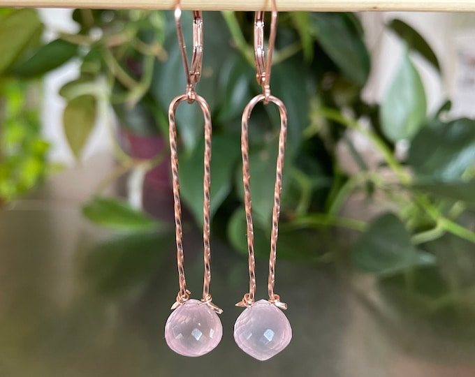 Pink Rose Quartz Facetted Onions Rose Gold Dangle Earrings