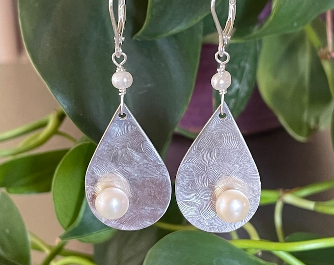 White Pearls on Sterling Silver Textured Drops Dangle Earrings