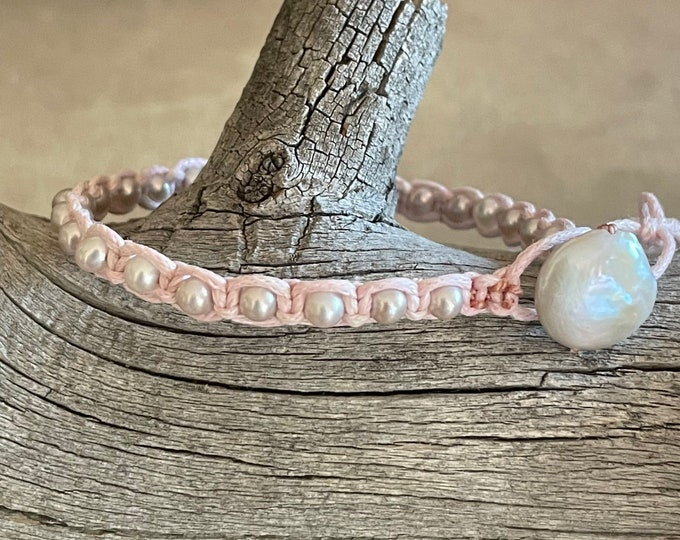 Silver Pearls Pink Waxed Cotton Cord Adjustable Bracelet