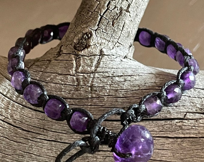 Amethyst Black Waxed Cotton Cord single wrap adjustable bracelet with Amethyst pebble toggle clasp