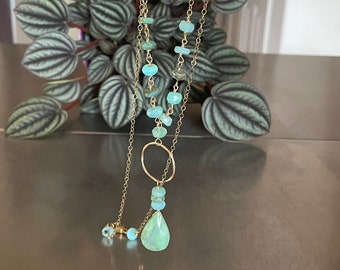 Blue Green Peruvian Opal Gold Pendant Layering Necklace