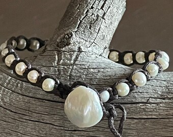White Pearl Chocolate Brown Waxed Cotton Cord single wrap adjustable bracelet with Coin Pearl toggle clasp