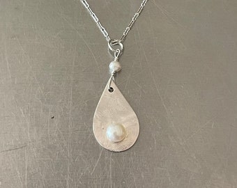 White Pearl on Sterling Silver Textured Drop Pendant On An Adjustable Crinkle Chain With Lobster Clasp