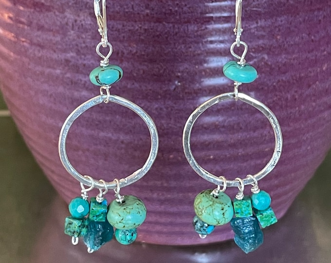 Turquoise Apatite Chrysocolla Sterling Silver Chandelier Dangle Drop Earrings