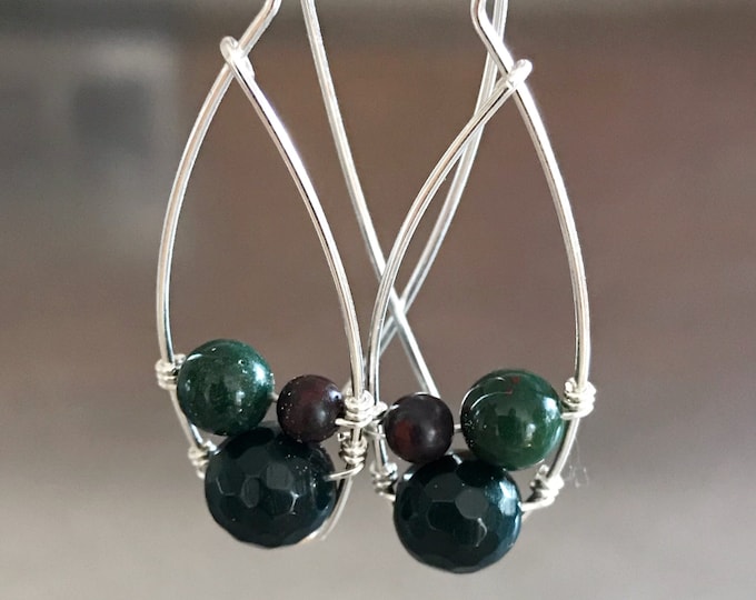 Bloodstone Red Iron Jasper Sterling Silver Dangle Drop Earrings