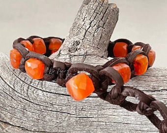 Burnt Orange Carnelian Chocolate Brown Deerskin Leather Single Wrap Adjustable Bracelet