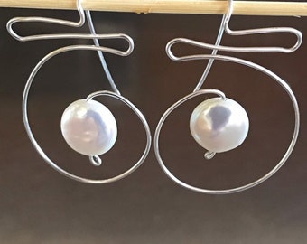 White Coin Pearl Sterling Silver Wirework Spiral Earrings