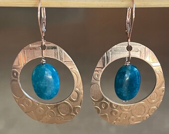 Teal Blue Apatite Oval and Bronze Textured Oval Dangle Earrings