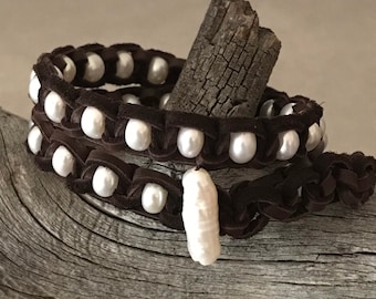 White Pearls Chocolate Brown Deerskin Leather or Chocolate Brown Faux Sueded Leather Double Wrap Bracelet