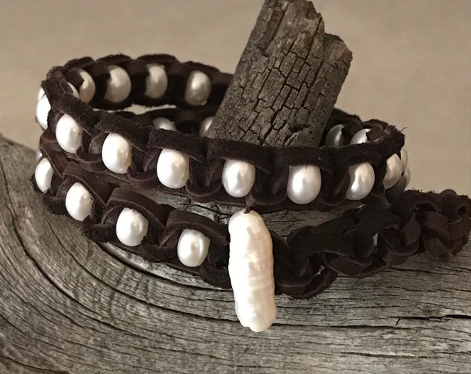 White Pearls Chocolate Brown Deerskin Leather or Chocolate Brown Faux Sueded Leather Double Wrap Bracelet