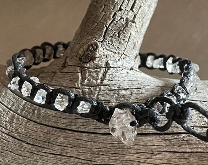 Herkimer Diamond Black Waxed Cotton Cord single wrap adjustable bracelet with Herkimer Diamond toggle clasp