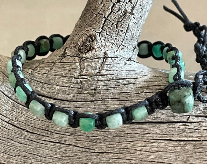 Emerald Black Waxed Cotton Cord single wrap adjustable bracelet with Emerald toggle clasp