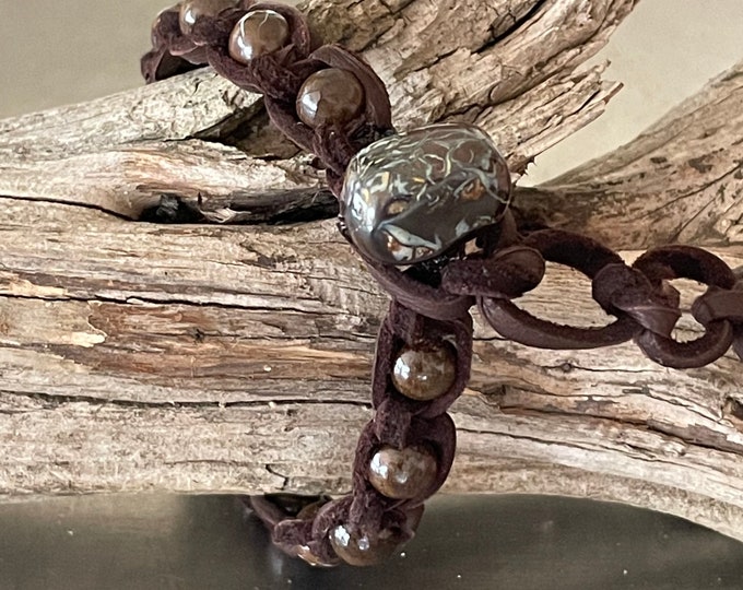 Australian Boulder Opal Chocolate Brown Deerskin Leather Adjustable Bracelet
