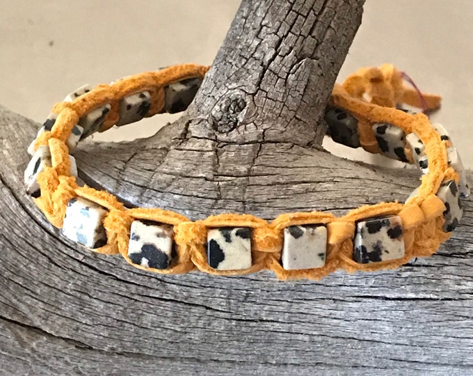 Dalmatian Jasper Gold Deerskin Leather Bracelet