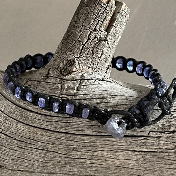 Tanzanite Black Waxed Cotton Cord Single Wrap Adjustable Bracelet