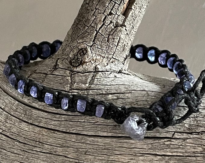 Tanzanite Black Waxed Cotton Cord Single Wrap Adjustable Bracelet