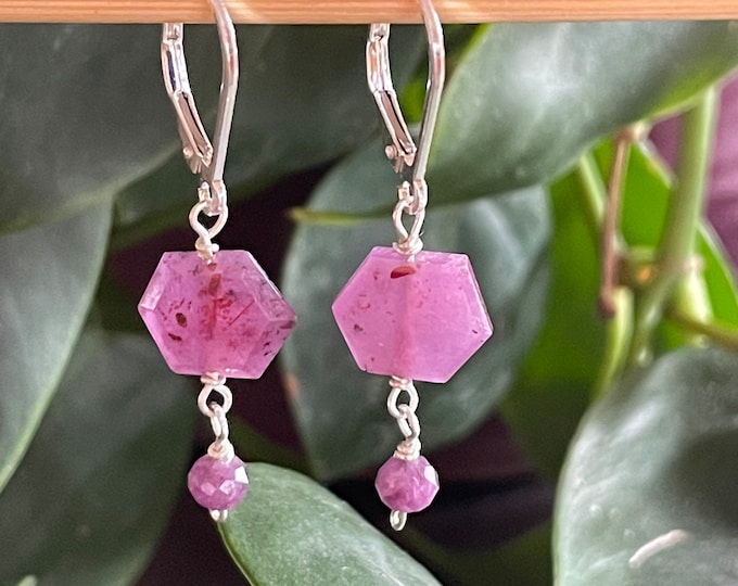 Ruby Hexagon Sterling Silver Earrings