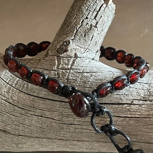 Garnet Black Waxed Cotton Cord single wrap adjustable bracelet with Garnet pebble toggle clasp