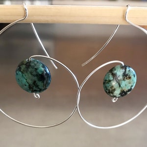 African Turquoise Sterling Silver Spiral Hoop Earrings